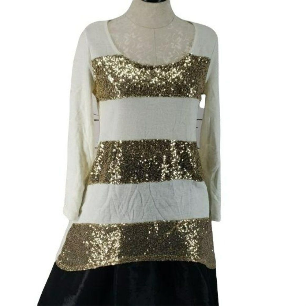 E2 Clothing Anthropologie Women's Gold Sequined Stripe Blouse Tunic Size Small